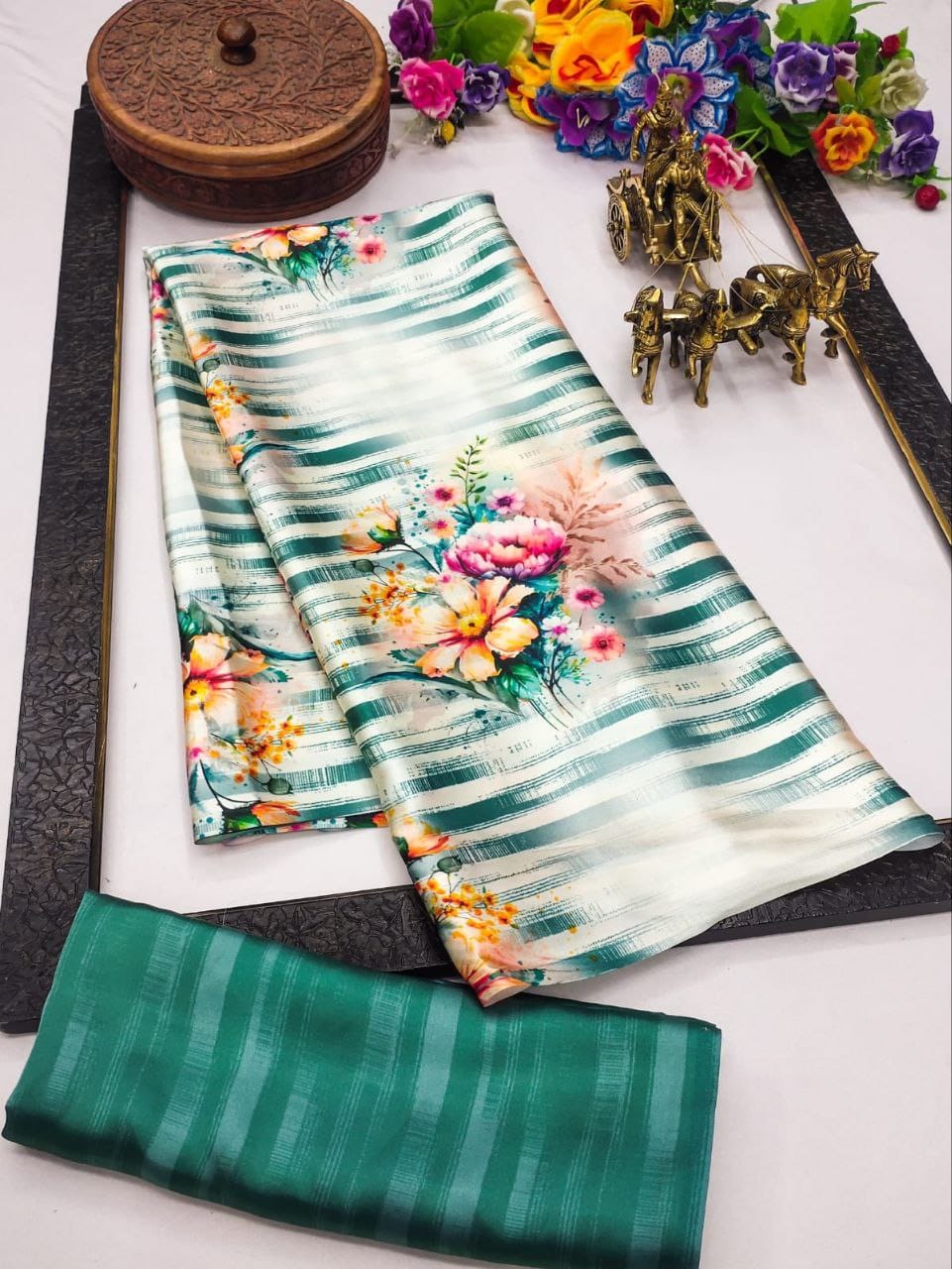 Original Japan Satin (Devsena satin) - Teal & white stripe canvas with bursts of pink, yellow, and orange florals