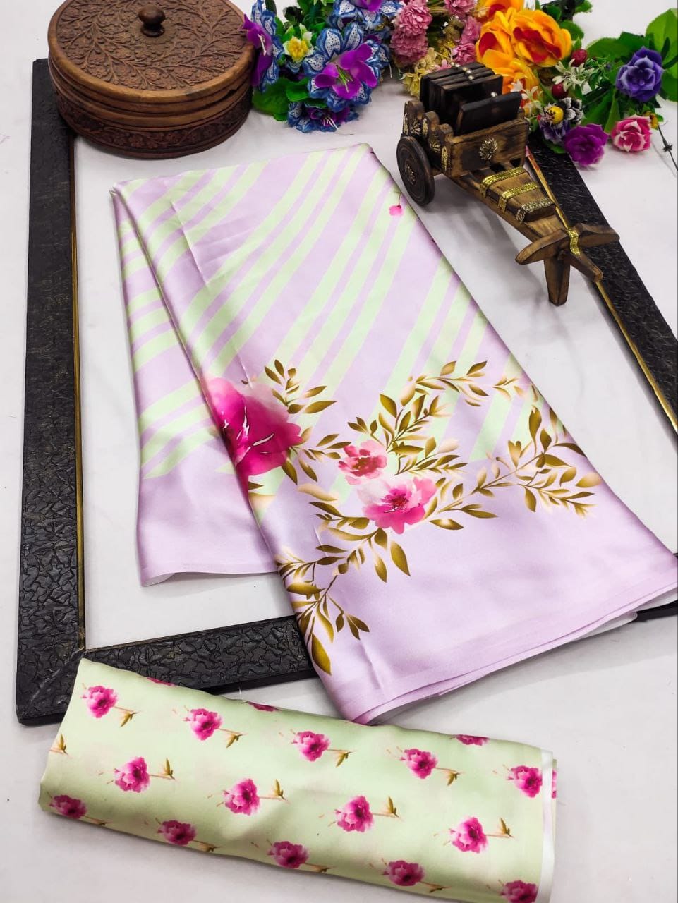 Original Japan Satin (Devsena satin) - Yellow & white stripe pattern with delicate pink floral prints