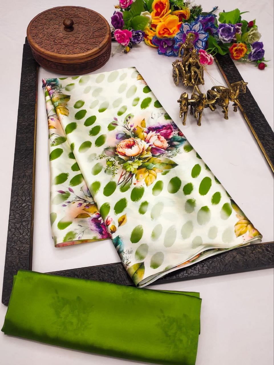 Original Japan Satin (Devsena satin) - Unique olive green polka dot pattern with multicolor floral prints