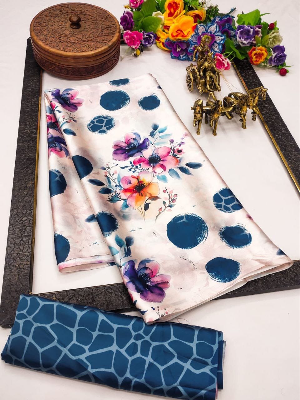 Original Japan Satin (Devsena satin) - Bold teal polka dot pattern with vibrant watercolor floral prints