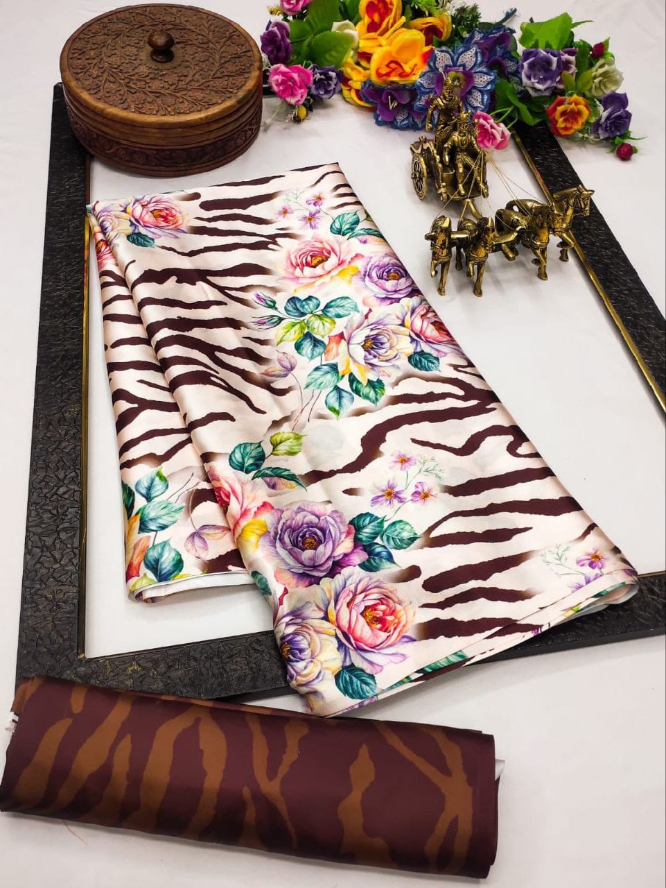 Original Japan Satin (Devsena satin) - Bold zebra stripe pattern with vibrant multicolor rose prints