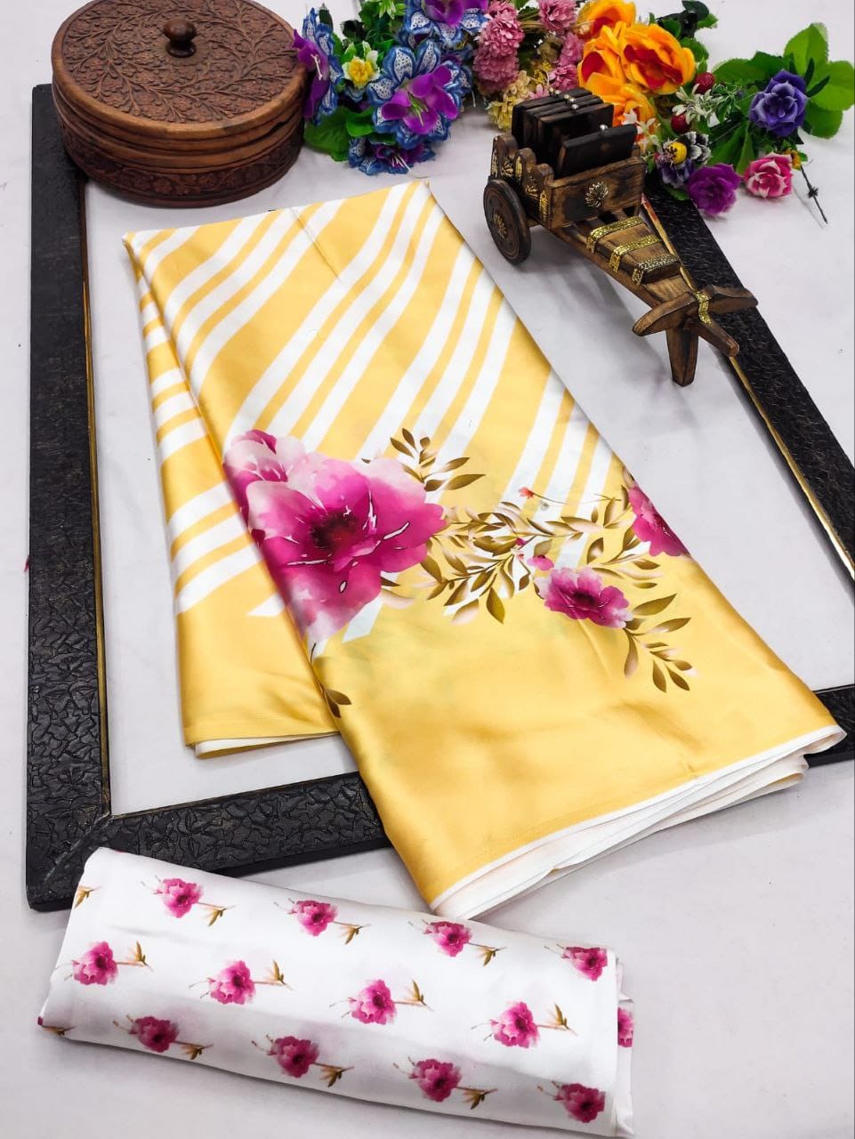 Original Japan Satin (Devsena satin) - Yellow & white stripe pattern with delicate pink floral prints