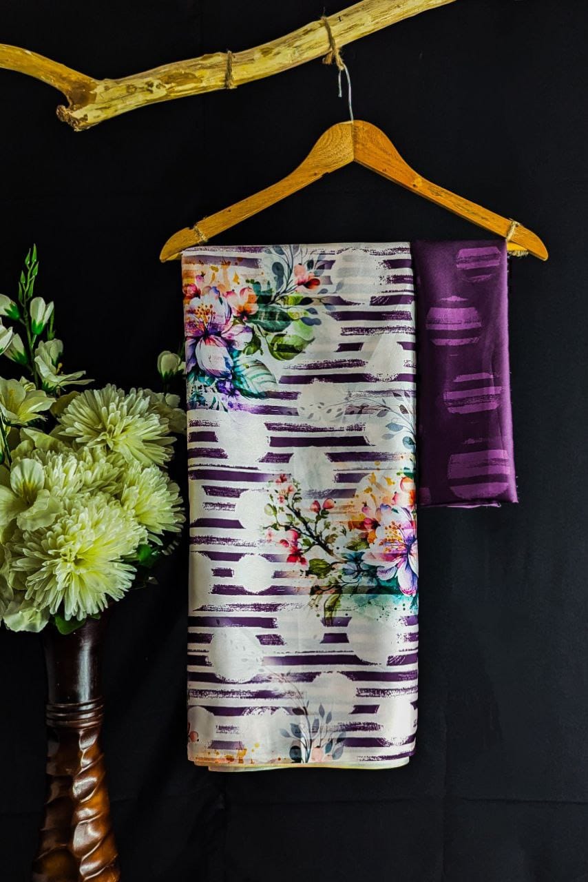 Original Japan Satin (Devsena satin) - Artistic purple brush stroke stripes with watercolor floral prints