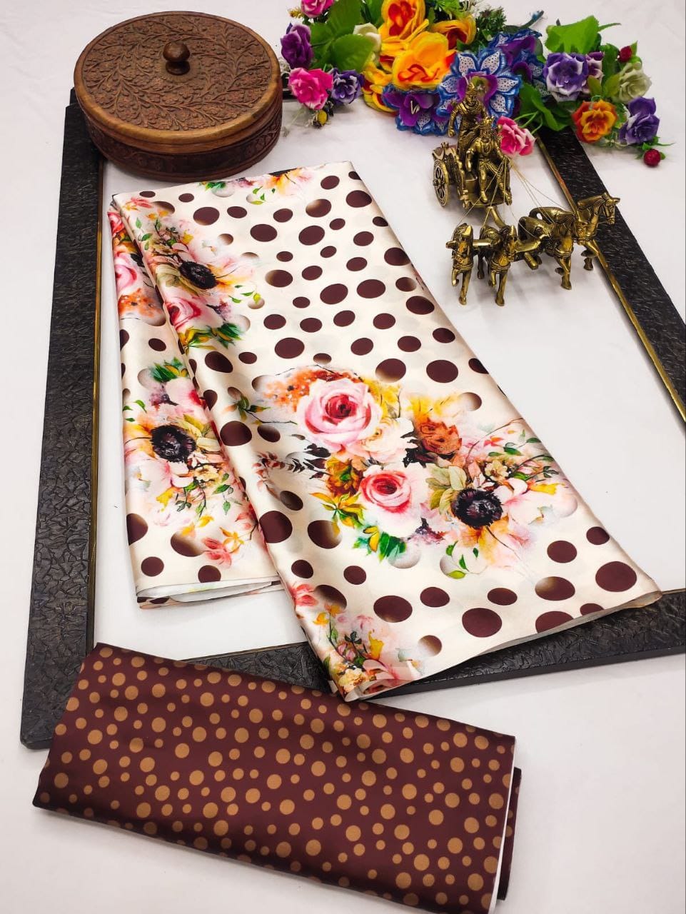 Original Japan Satin (Devsena satin) - Classic brown polka dot pattern with vibrant multicolor floral prints