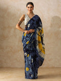 Navy Blue Shibori & Block Print Cotton Saree