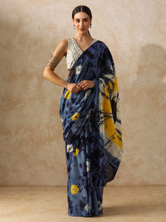 Navy Blue Shibori & Block Print Cotton Saree