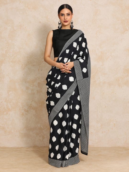 Black & White Polka Dot Hand Block Print Cotton Saree
