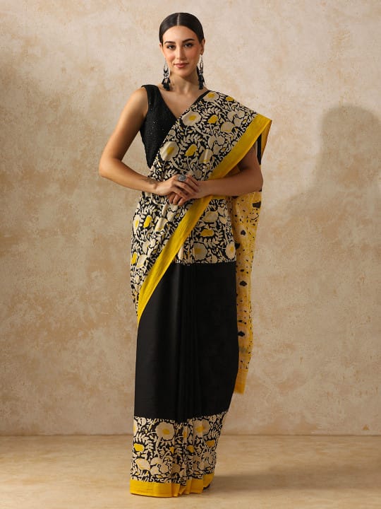 Black & Cream Kalamkari Hand Block Print Cotton Saree