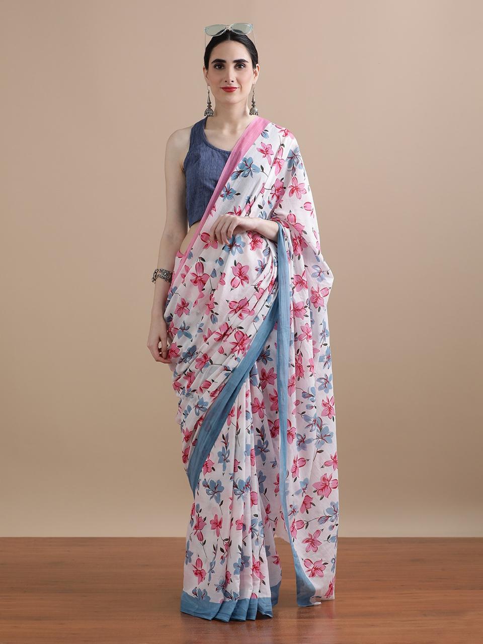White Pink Floral Print Cotton Saree
