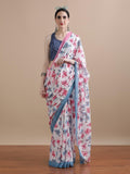 White Pink Floral Print Cotton Saree