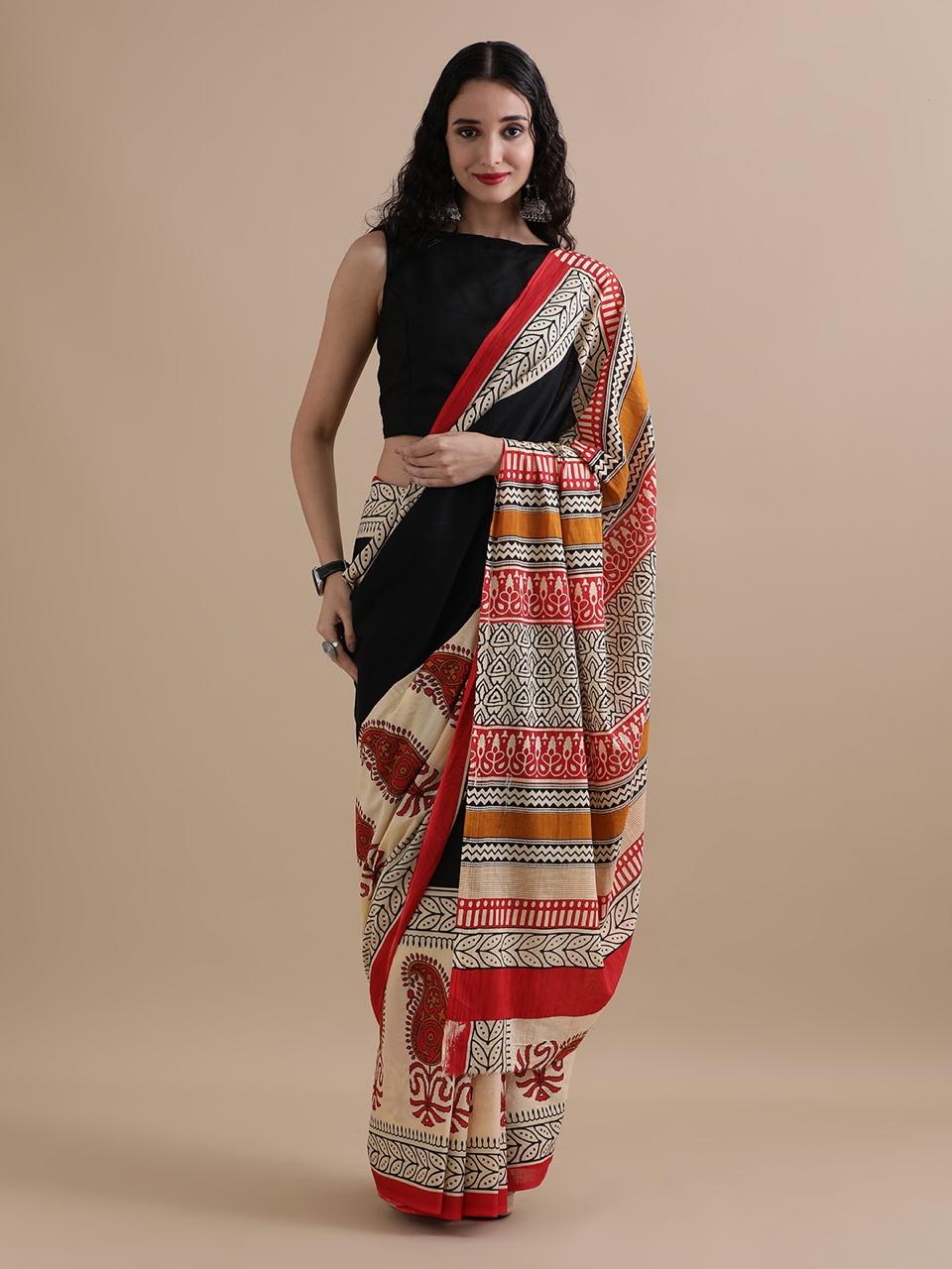 Cream Multicolour Folk Hand Block Print Cotton Saree