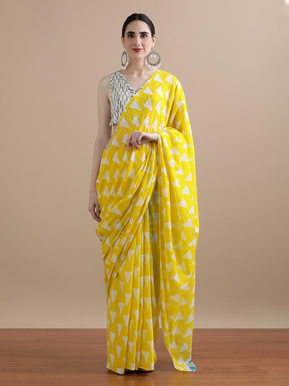 Yellow Triangle Hand Block Print Cotton Saree