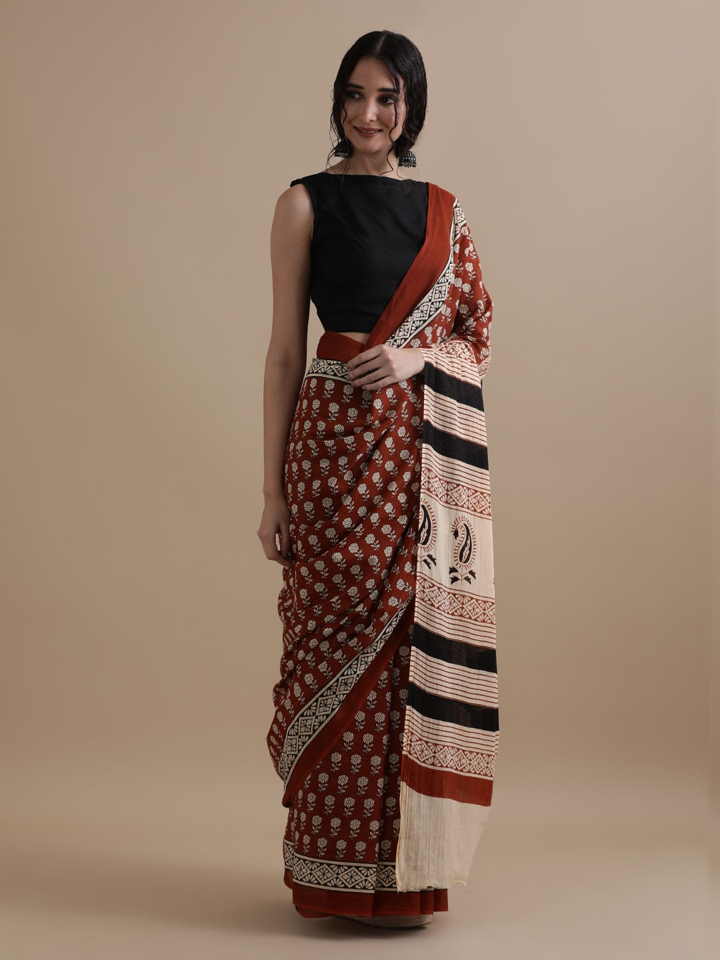 Maroon Floral Buti Hand Block Print Cotton Saree