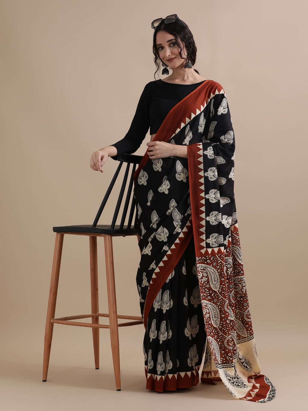 Black Paisley Buti Hand Block Print Cotton Saree