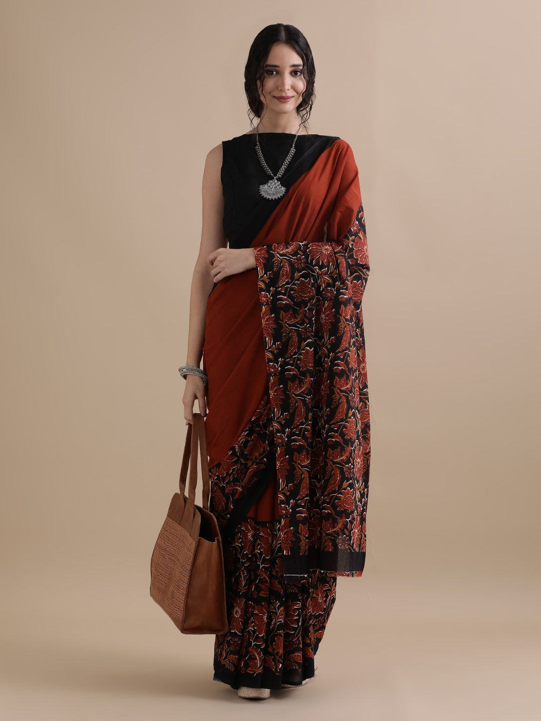 Black & Rust Kalamkari Hand Block Print Cotton Saree