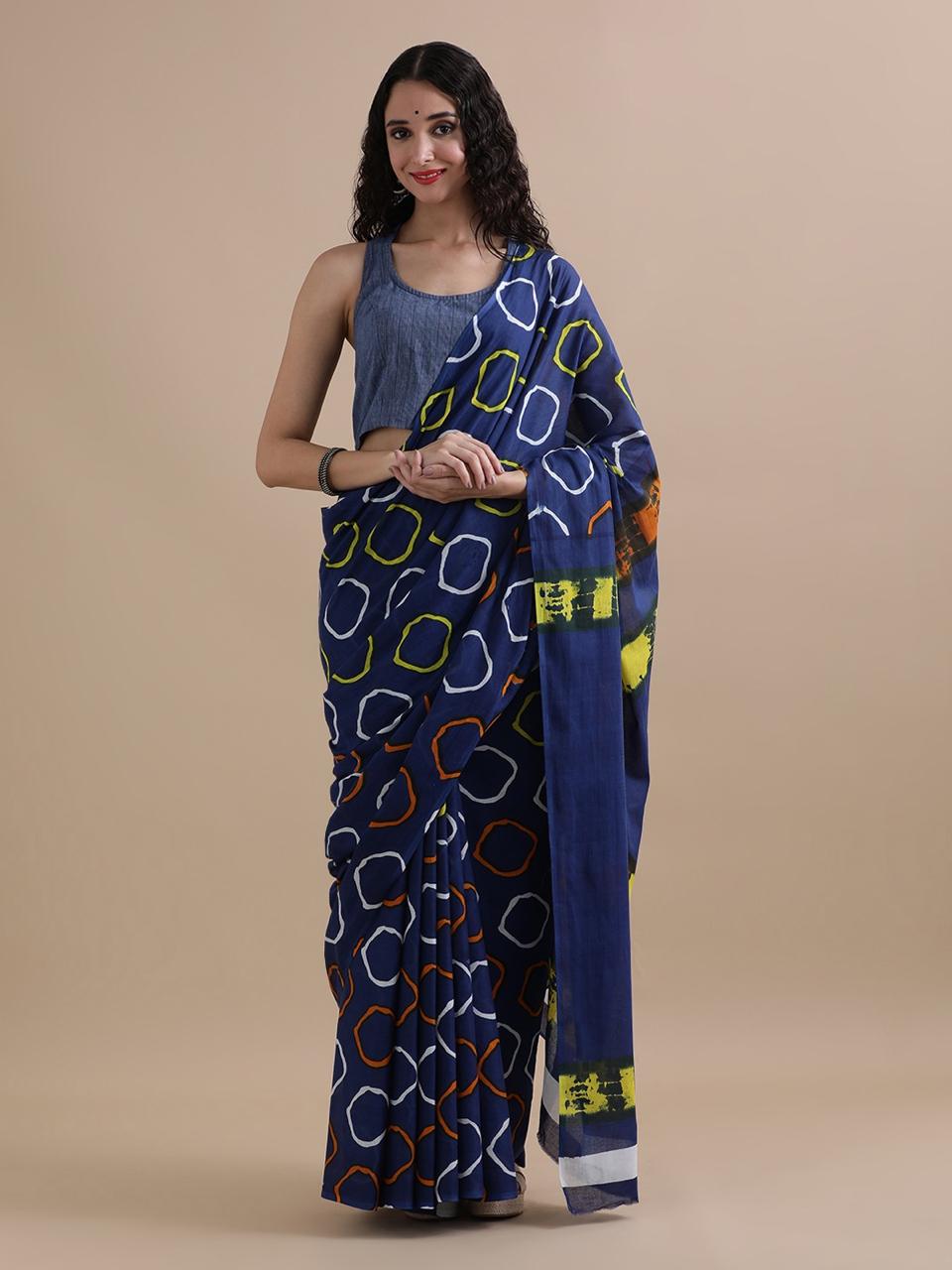 Navy Blue Multicolour Geometric Hand Block Print Cotton Saree