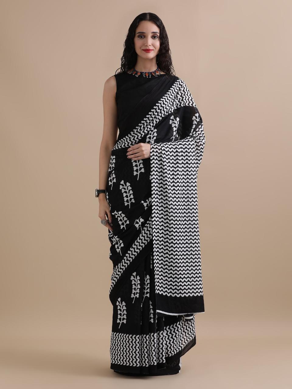 Black & White Chevron Hand Block Print Cotton Saree