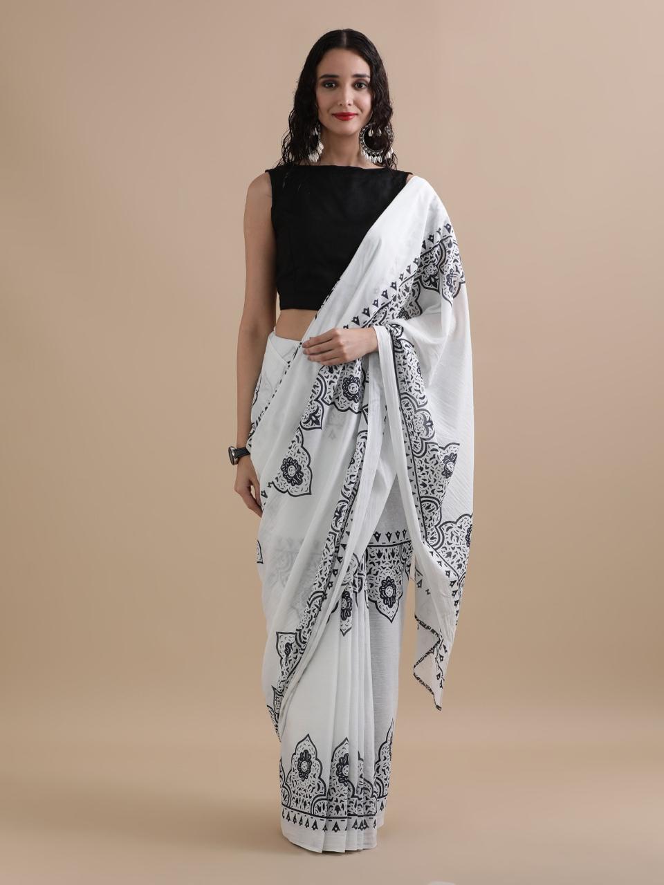 White & Black Medallion Hand Block Print Cotton Saree