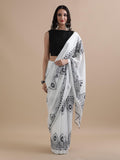 White & Black Medallion Hand Block Print Cotton Saree