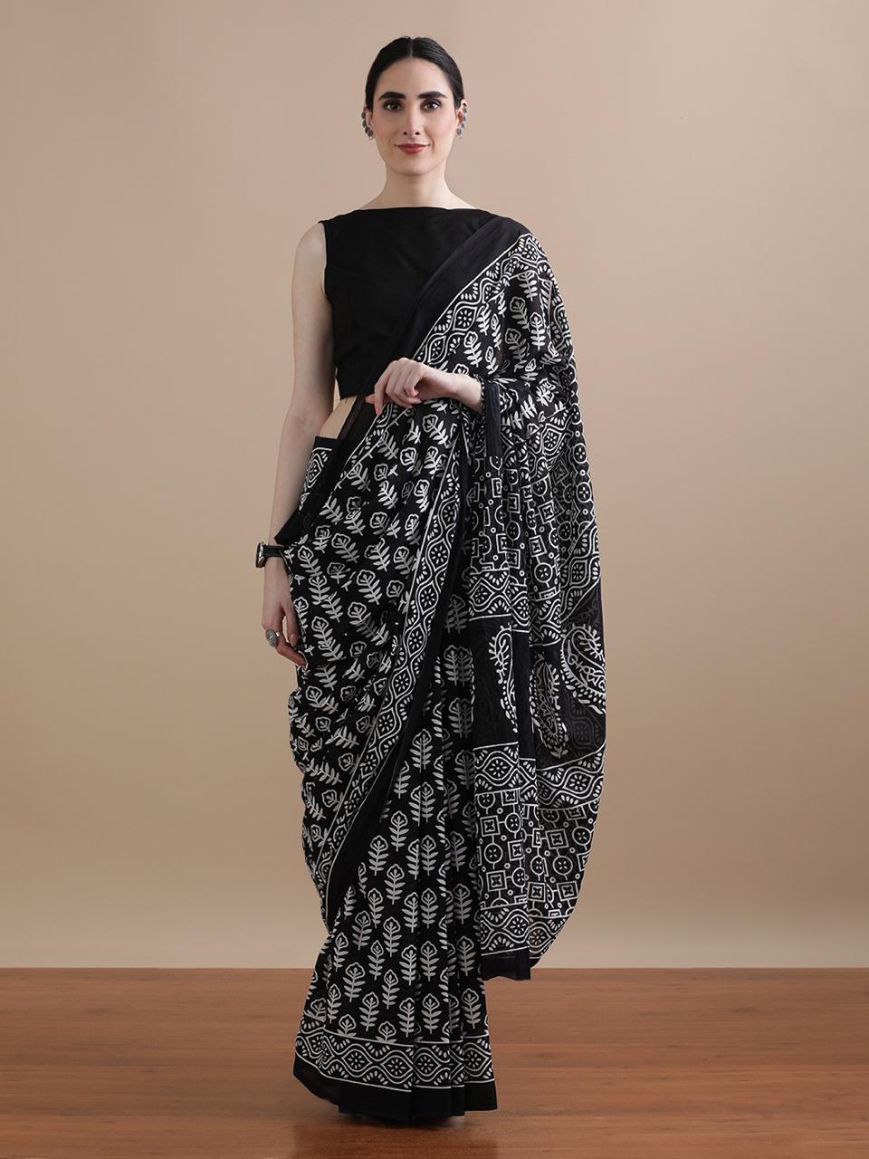Bagru Block Print Cotton mulmul Sarees With Running Blouse