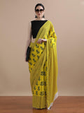 Yellow Stripe & Paisley Buti Hand Block Print Cotton Saree