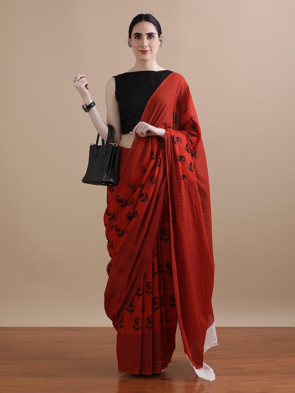 Red Hand Block Print Cotton Saree