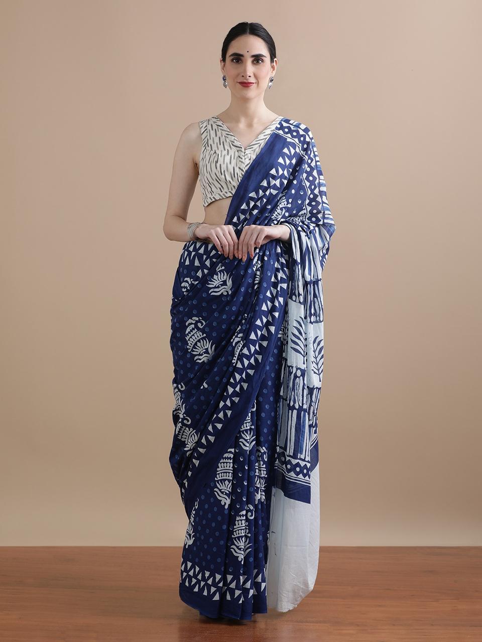 Indigo Hand Block Print Cotton Saree
