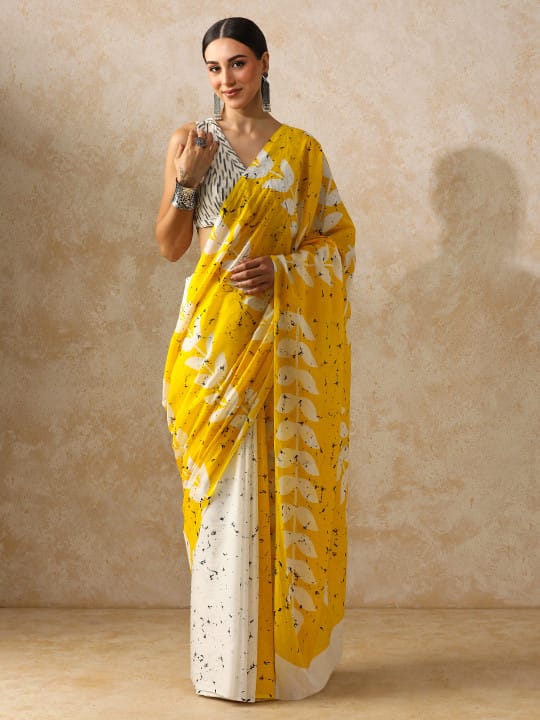 Yellow & White Batik Abstract Print Cotton Saree