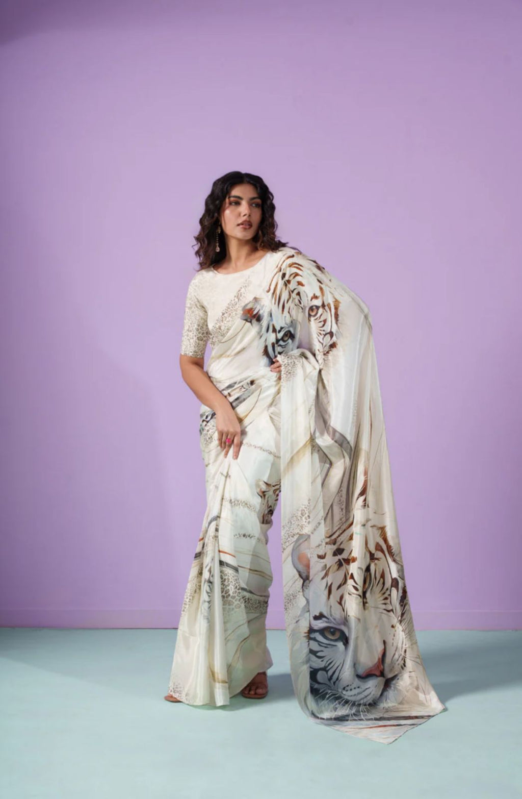 White Tiger Digital Print Satin Saree with Embroidered Blouse