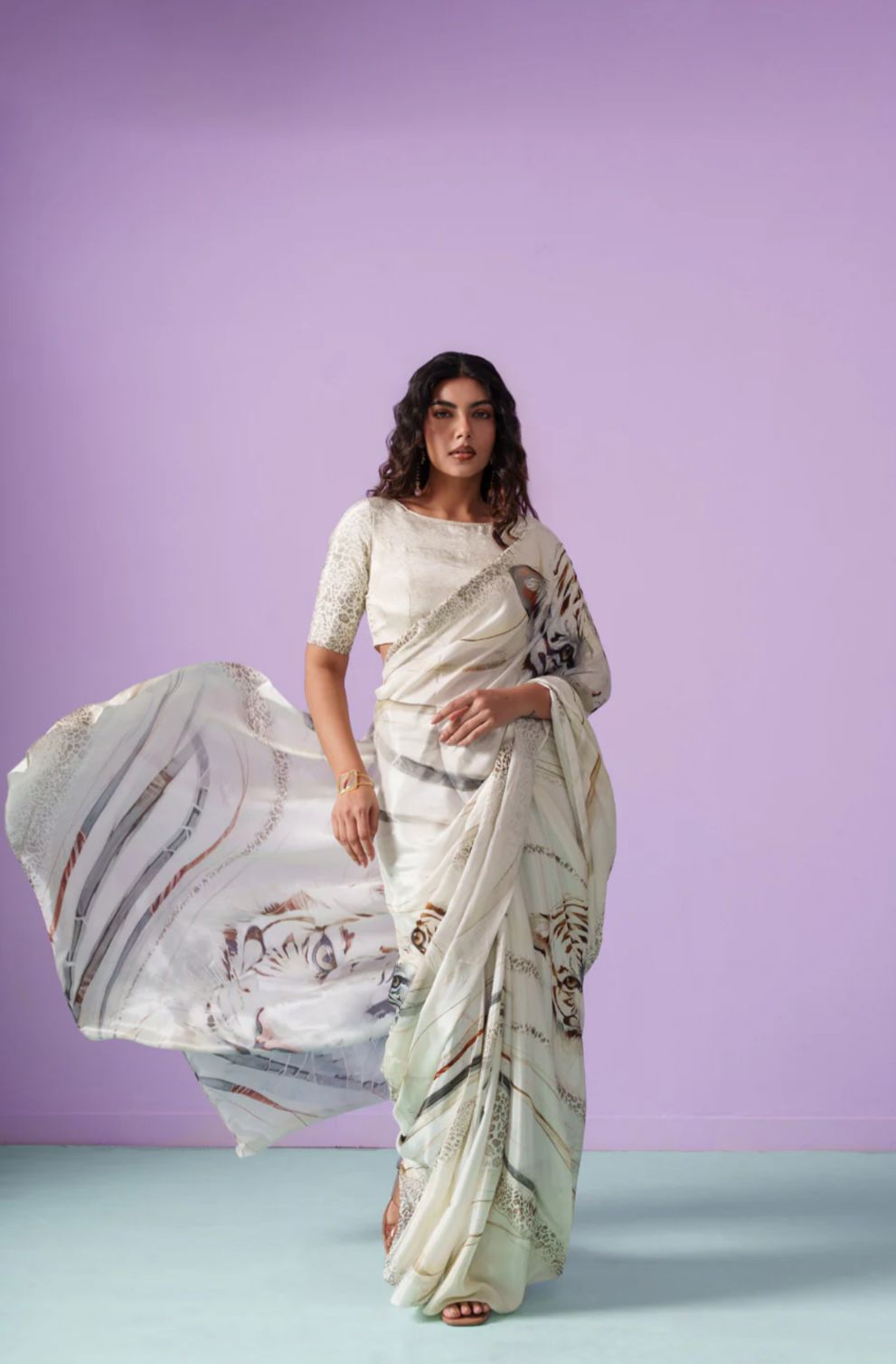White Tiger Digital Print Satin Saree with Embroidered Blouse