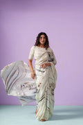 White Tiger Digital Print Satin Saree with Embroidered Blouse