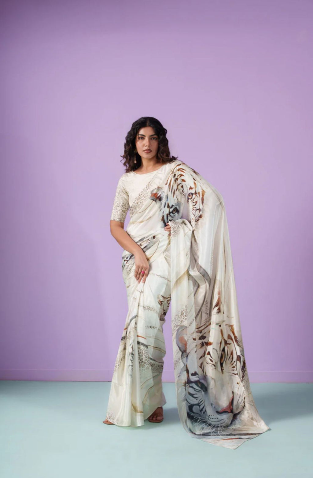 White Tiger Digital Print Satin Saree with Embroidered Blouse