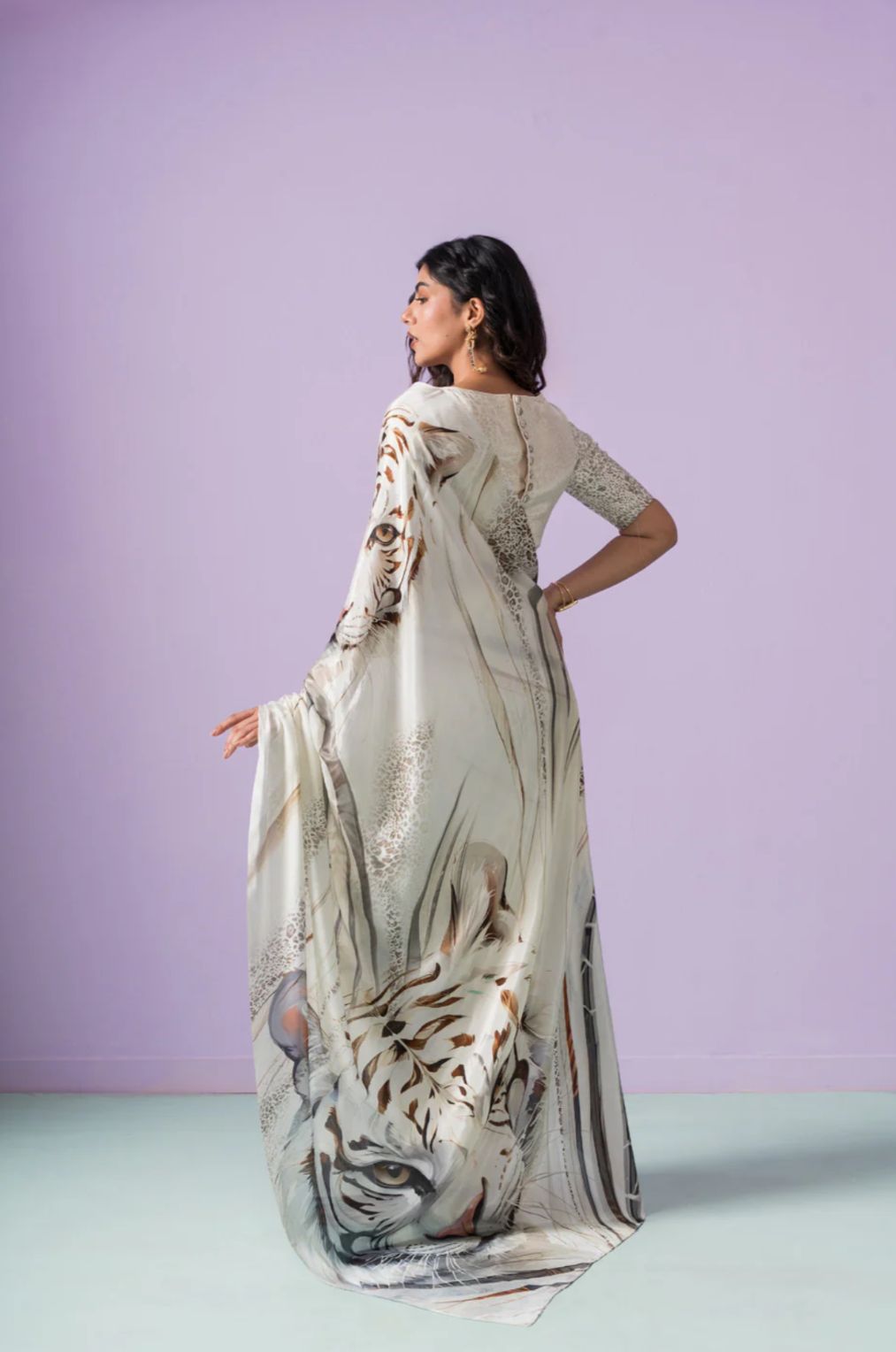 White Tiger Digital Print Satin Saree with Embroidered Blouse
