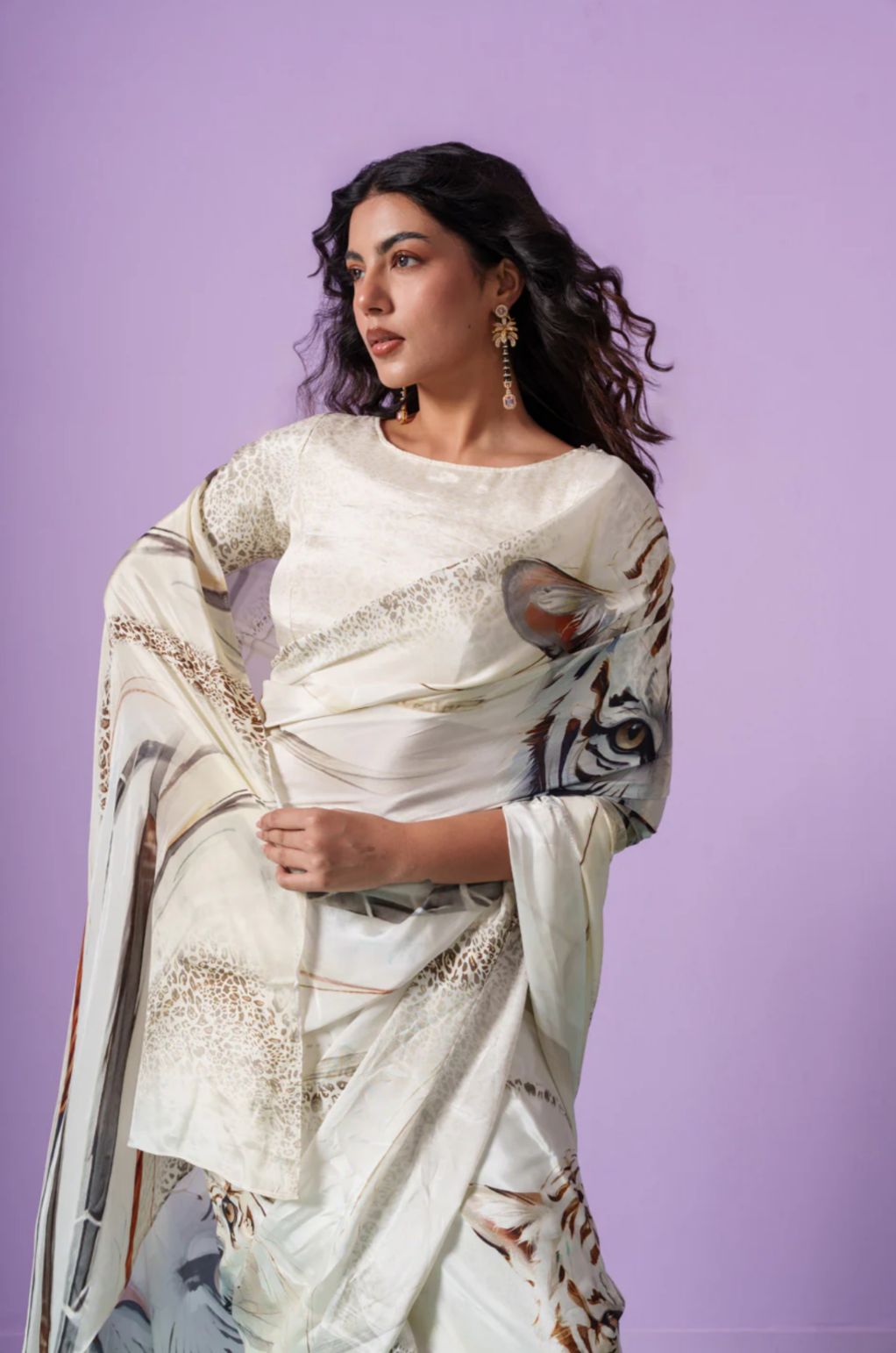 White Tiger Digital Print Satin Saree with Embroidered Blouse