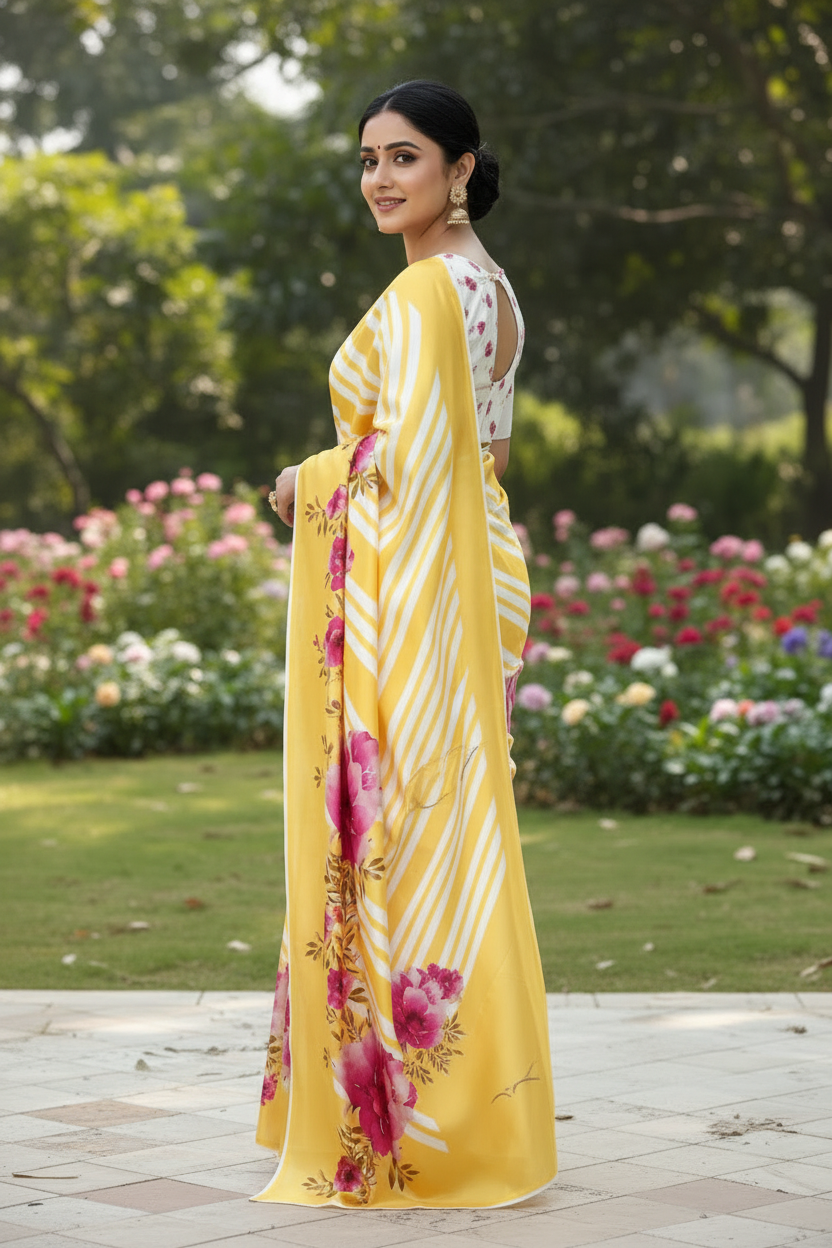Back angle - Yellow Floral Saree