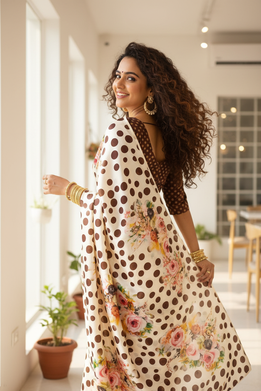 Brown Polka Floral Saree - Back