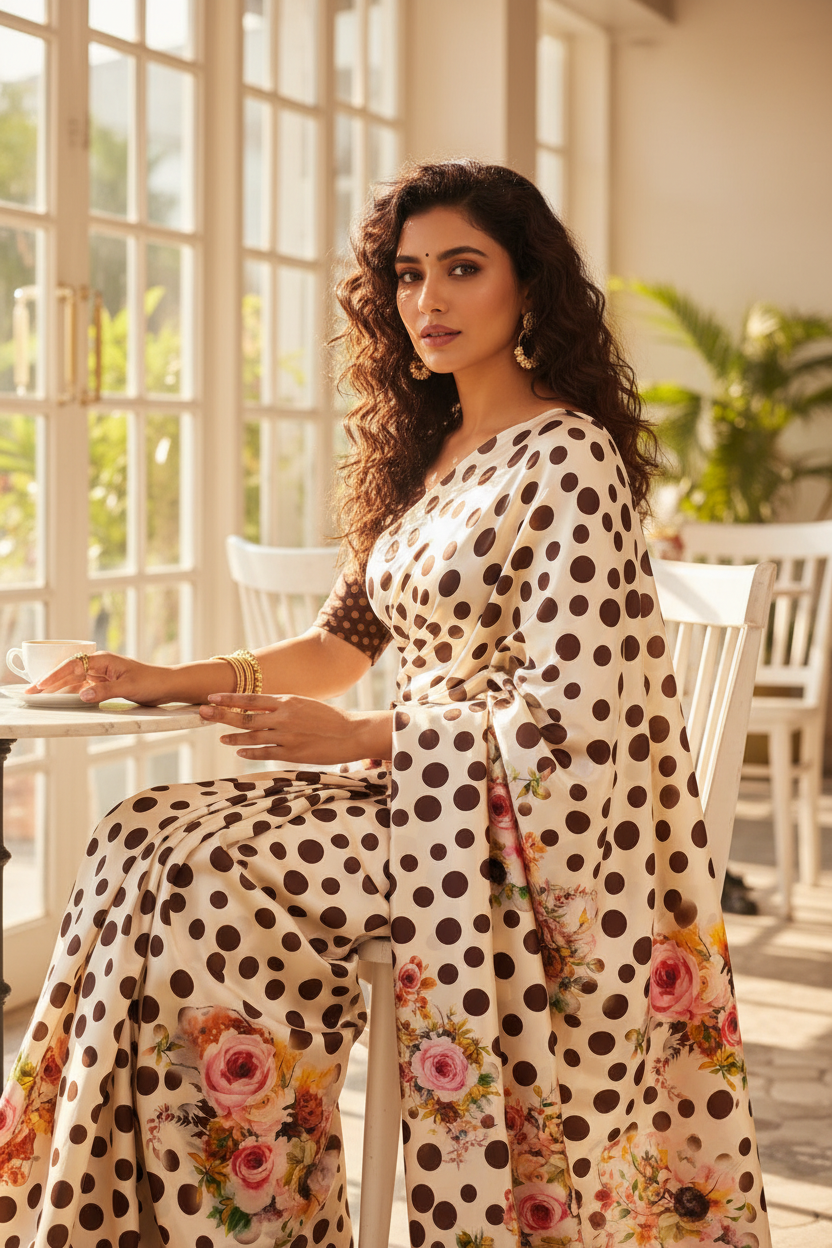 Brown Polka Floral Saree - Seated
