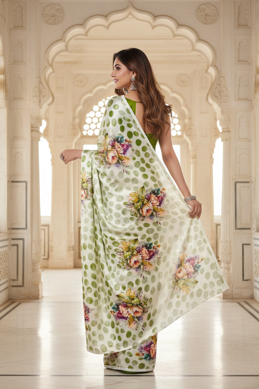 Green Polka Floral Saree - Back