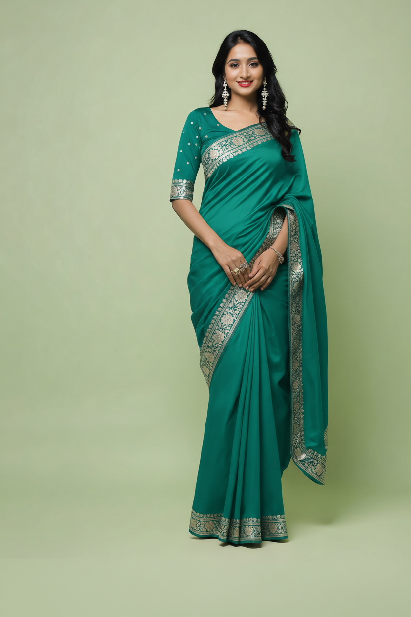 Model in Plain Teal Saree