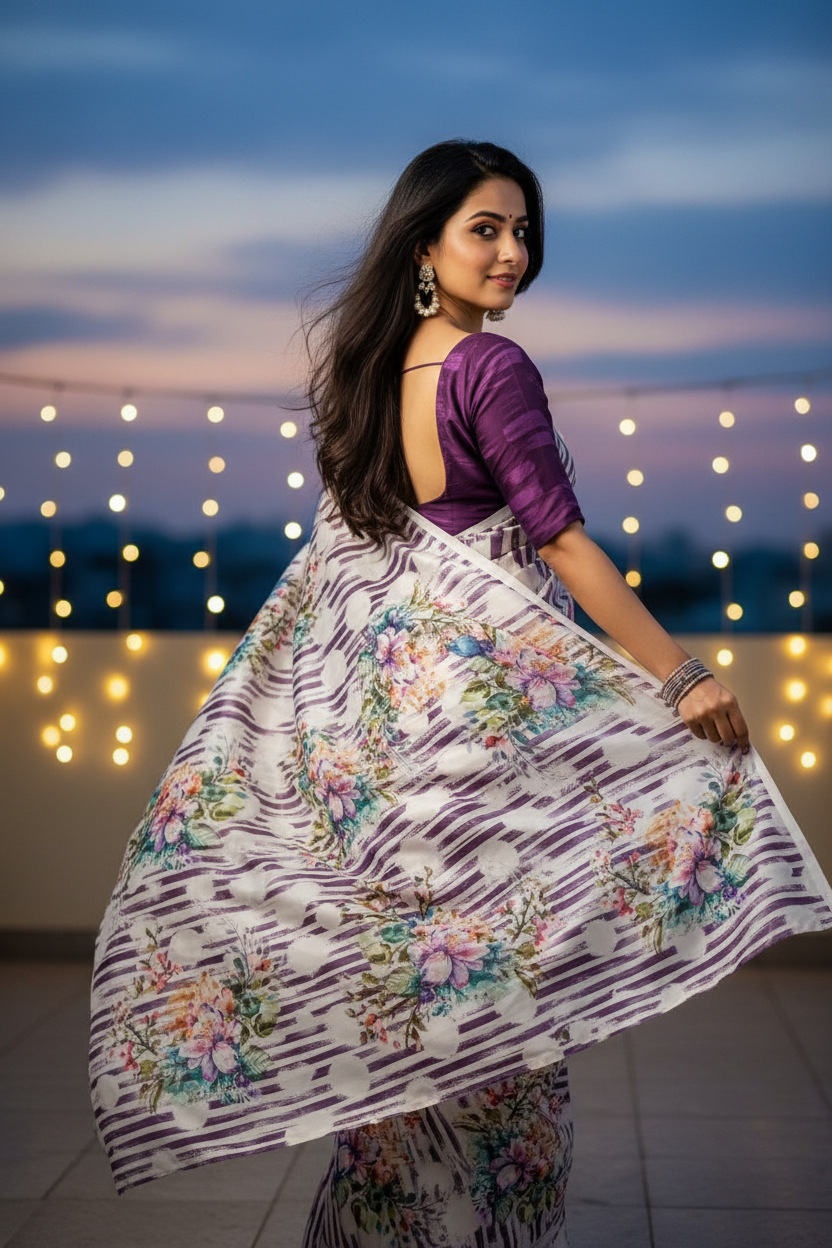 Purple Stripe Floral Saree - Back