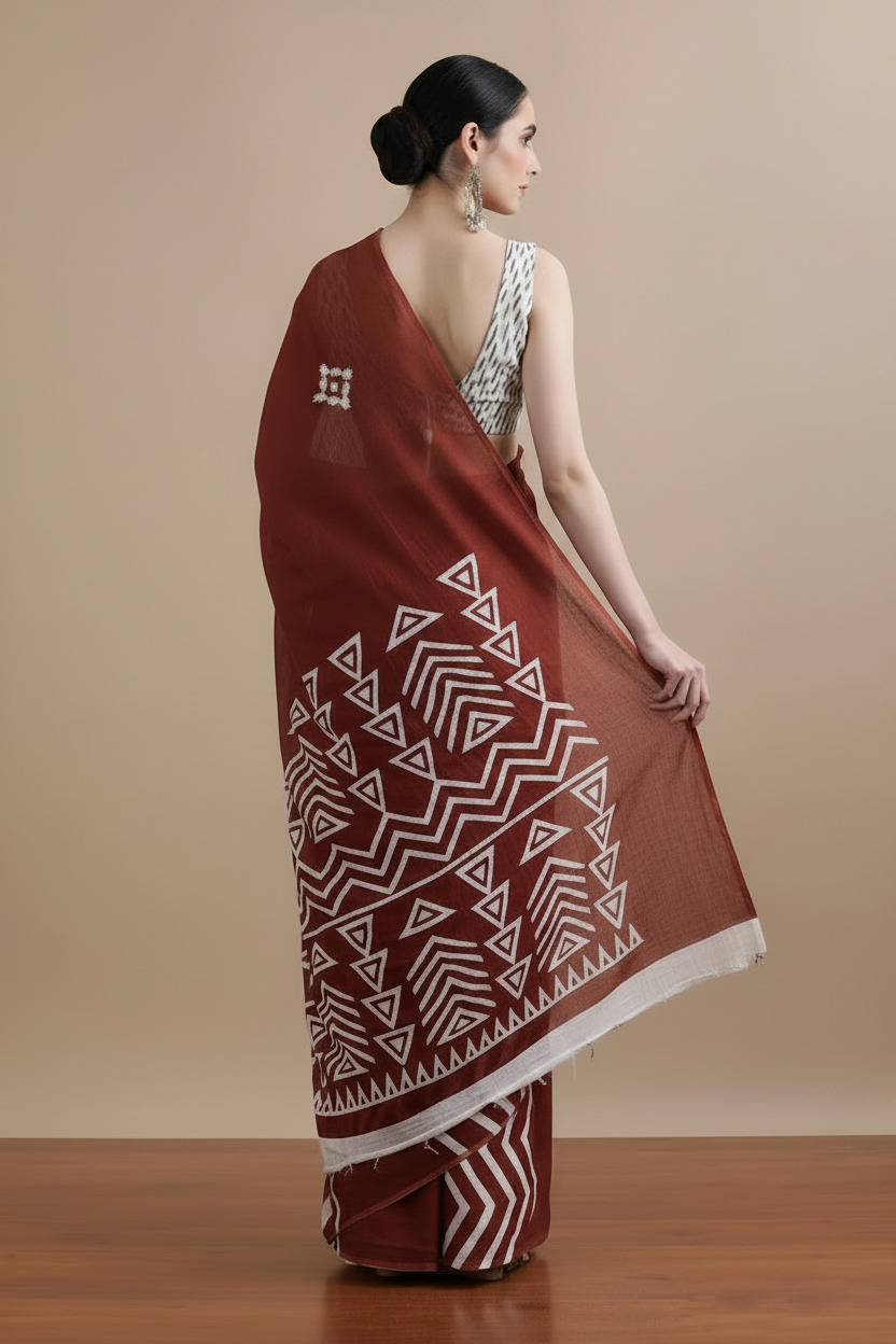 Rust Block Print Saree – Back
