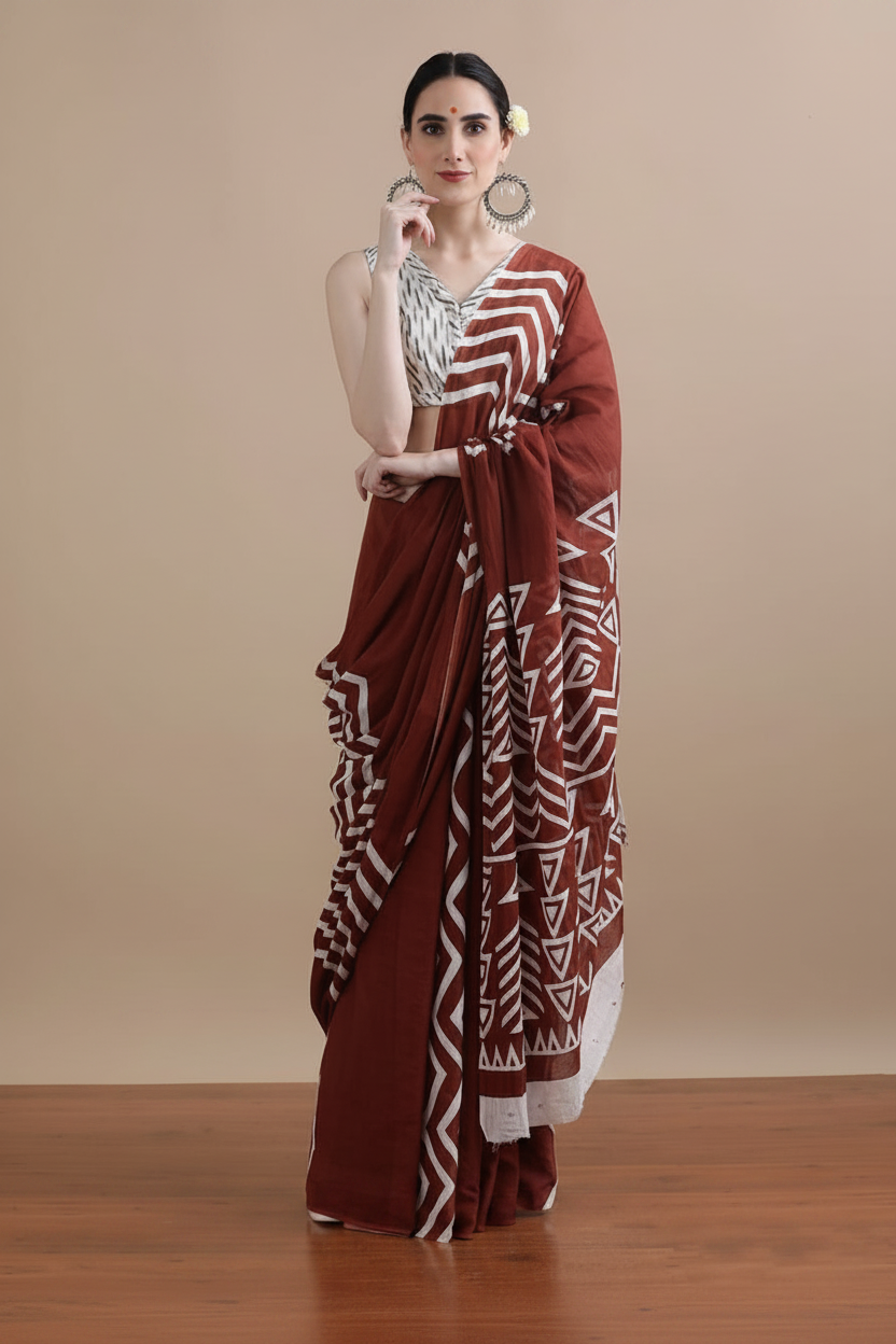 Rust Block Print Saree – Front