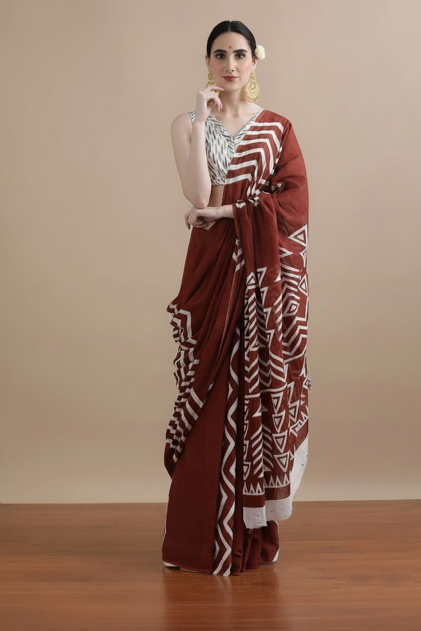 Rust Block Print Saree – Three Quarter
