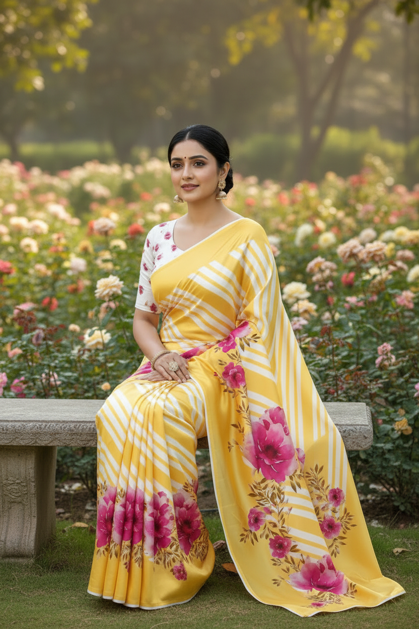 Seated garden pose - Yellow Floral Saree