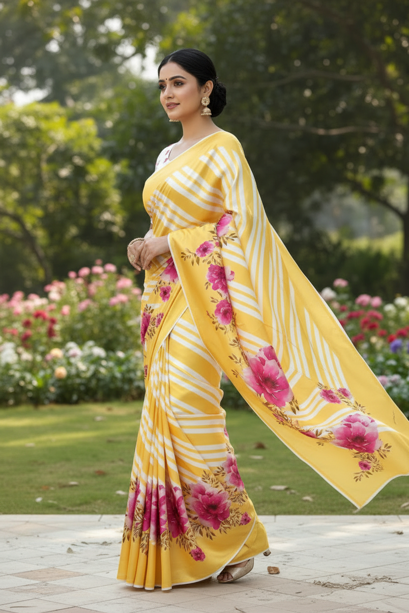 Side walking pose - Yellow Floral Saree