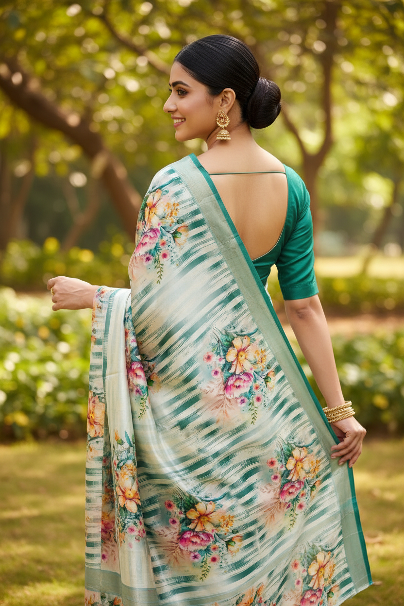 Teal Floral Saree - Back