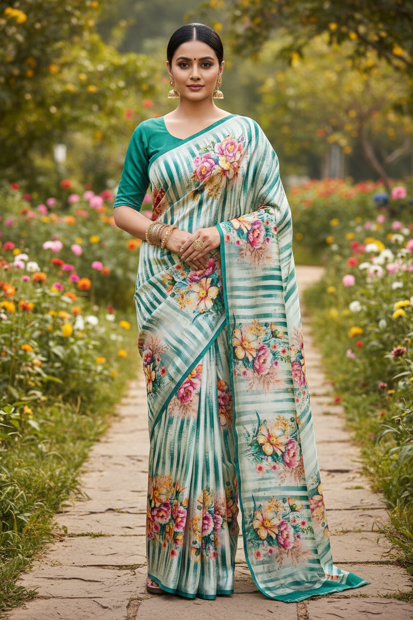 Teal Floral Saree - Front