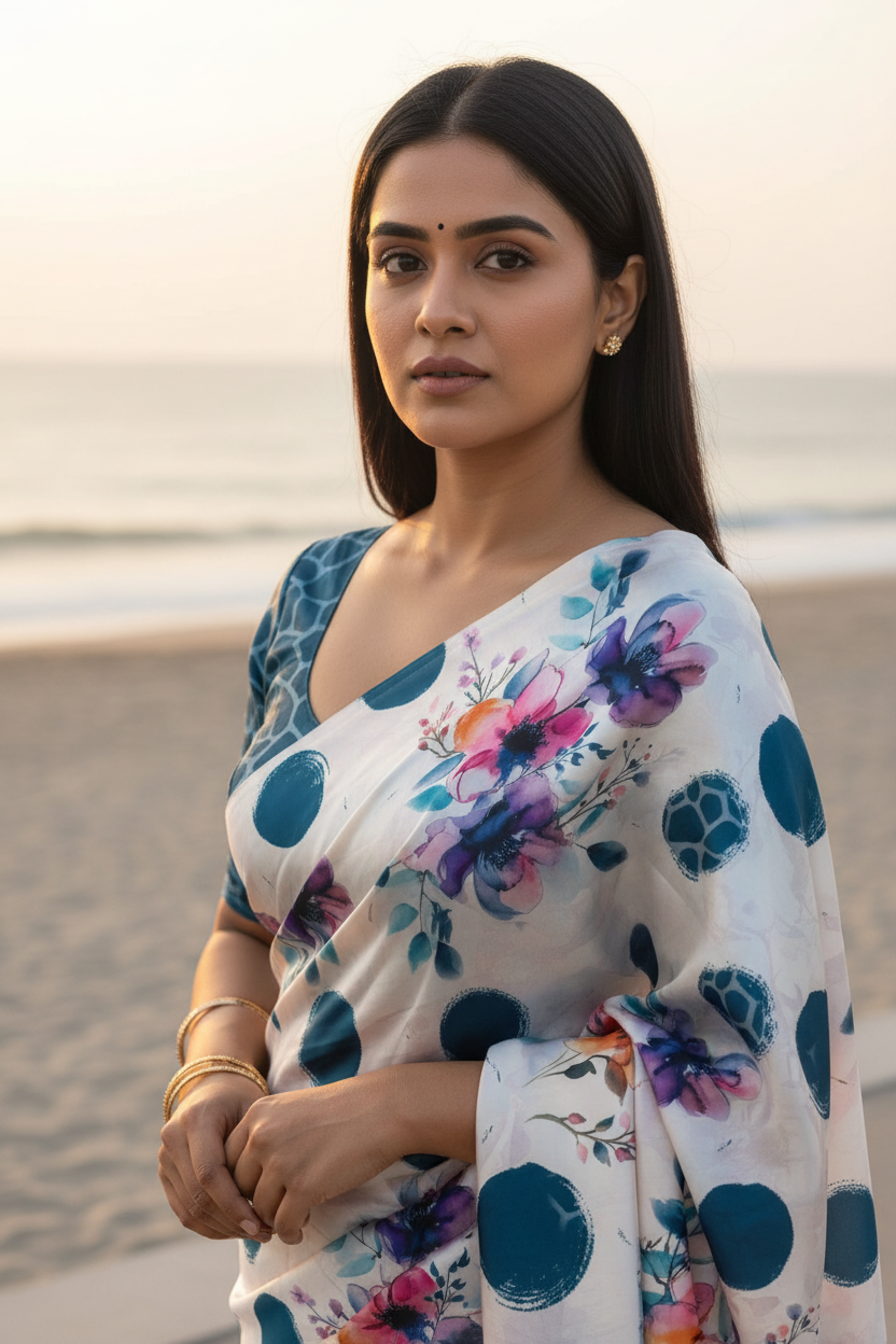 Teal Polka Floral Saree - Close Up