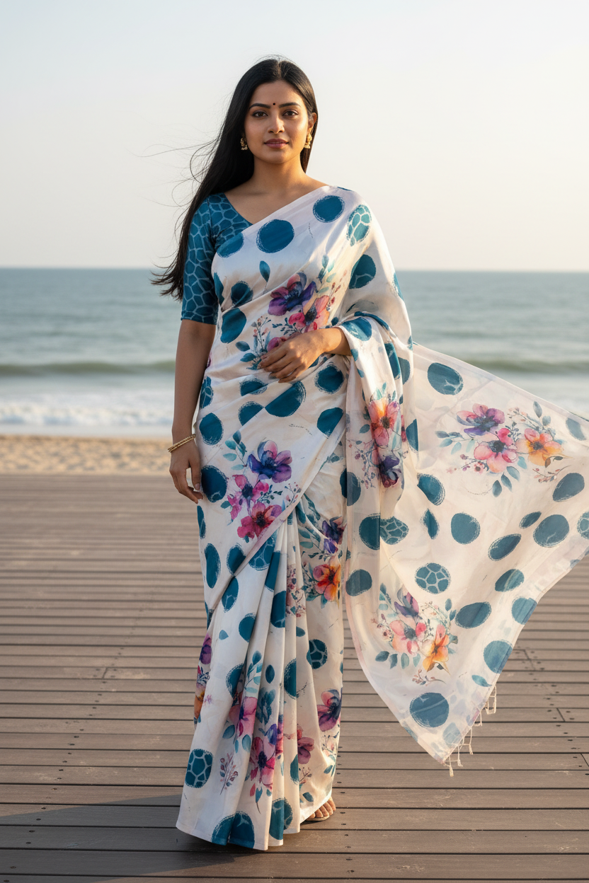 Teal Polka Floral Saree - Front