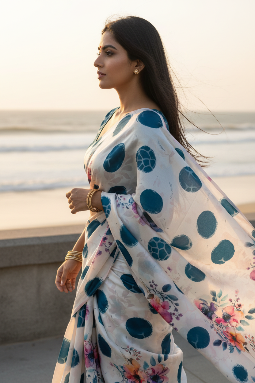 Teal Polka Floral Saree - Side Walking